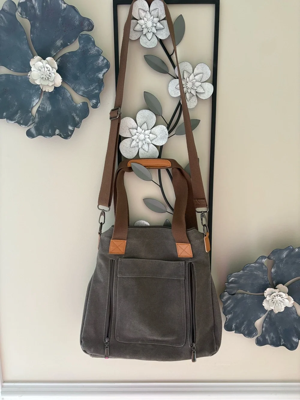 Canvas Tote Crossbody Bag in Gray with Brown Straps